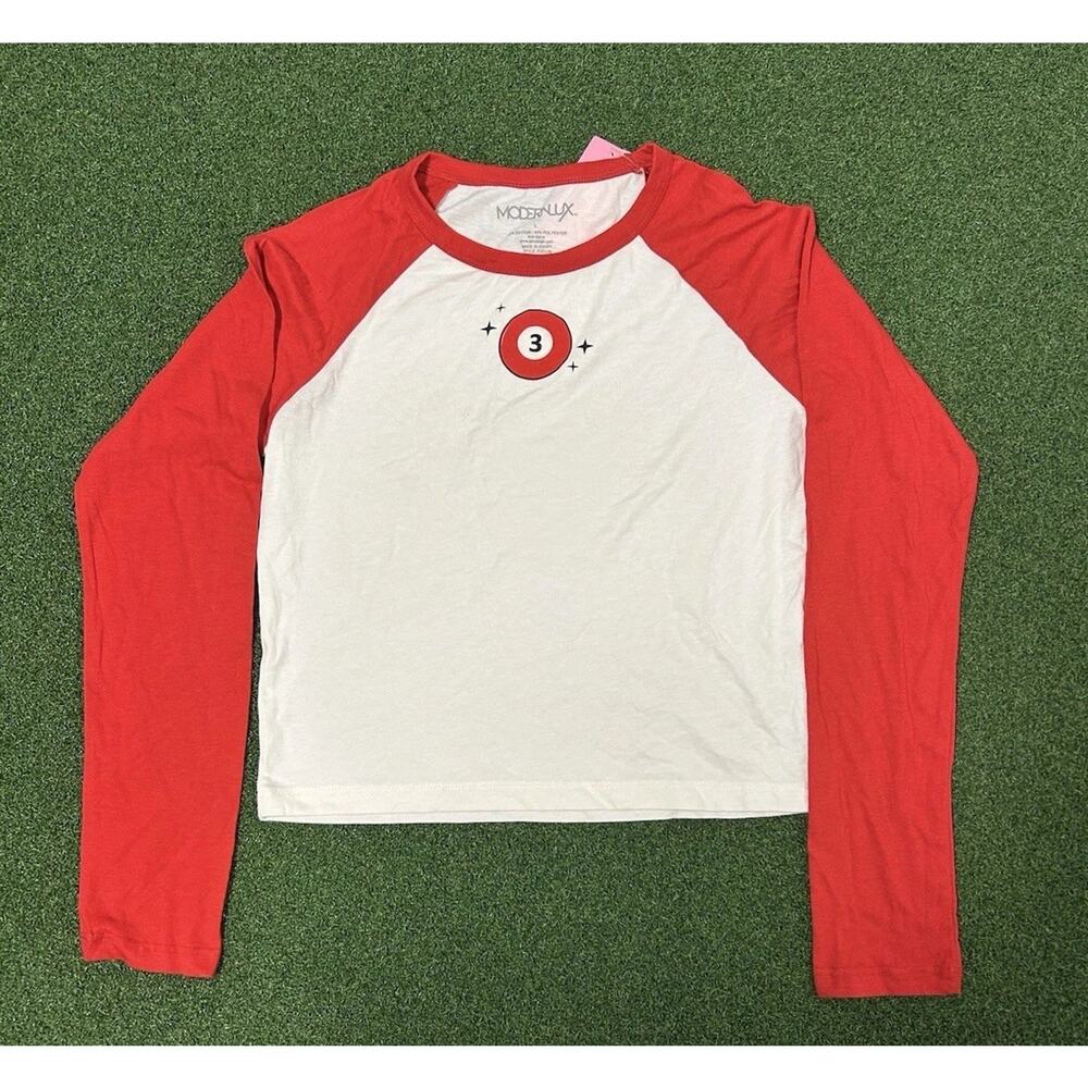 Modern Lux red and white 3 ball long sleeve cropped shirt size womens L